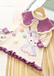 Stylish Purple O Neck Floral Patchwork Knit Kids Sweater Dresses Fall