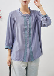 Stylish Purple Ruffled Embroideried Patchwork Linen Top Spring
