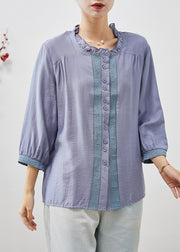 Stylish Purple Ruffled Embroideried Patchwork Linen Top Spring