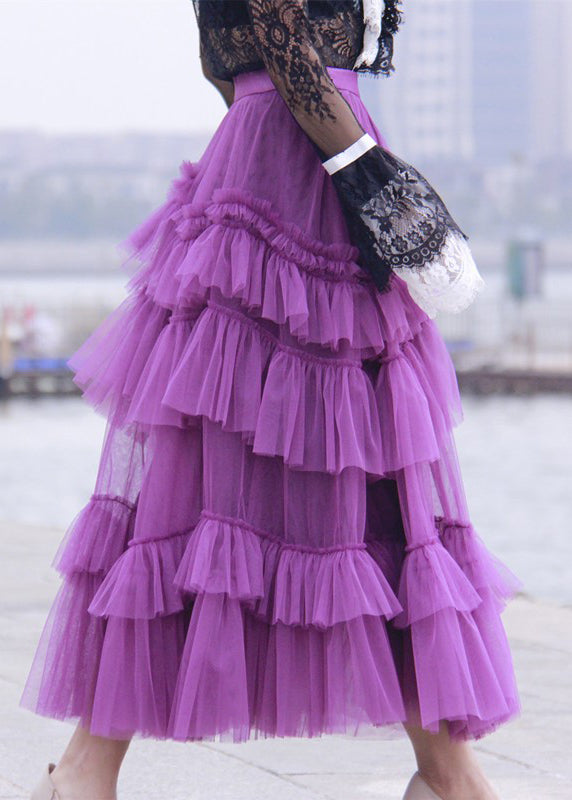 Stylish Purple Ruffled Patchwork tulle Skirts Spring