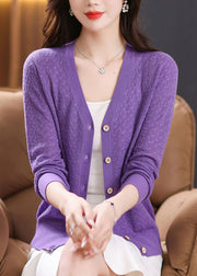 Stylish Purple V Neck Button Knit Cardigan Fall
