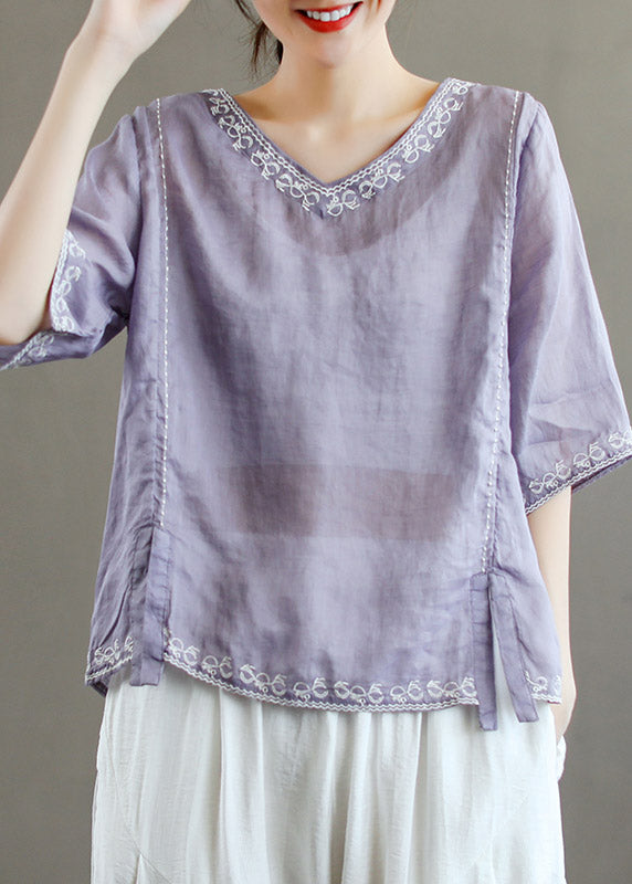Stylish Purple V Neck Embroidered Floral Linen T Shirt Half Sleeve