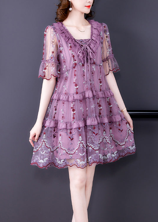 Stylish Purple V Neck Patchwork Lace up Tulle A Line Dress Short Sleeve