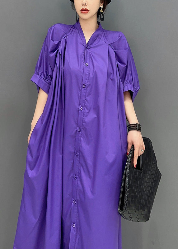 Stylish Purple V Neck Puff Sleeve Cotton Maxi Dresses