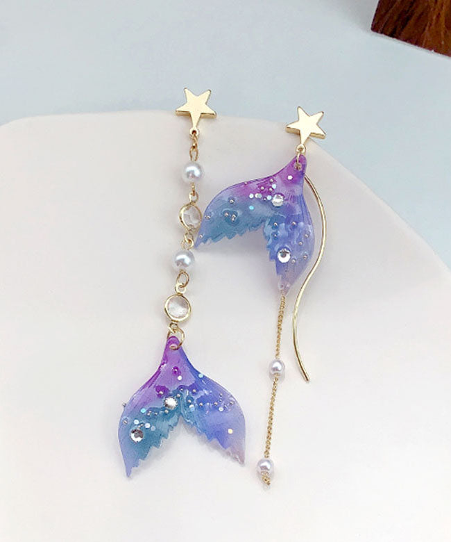 Stylish Purple Zircon Overgild Resin Pearl Fishtail Drop Earrings