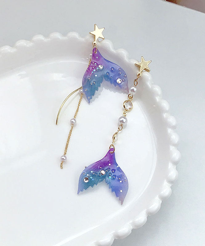 Stylish Purple Zircon Overgild Resin Pearl Fishtail Drop Earrings