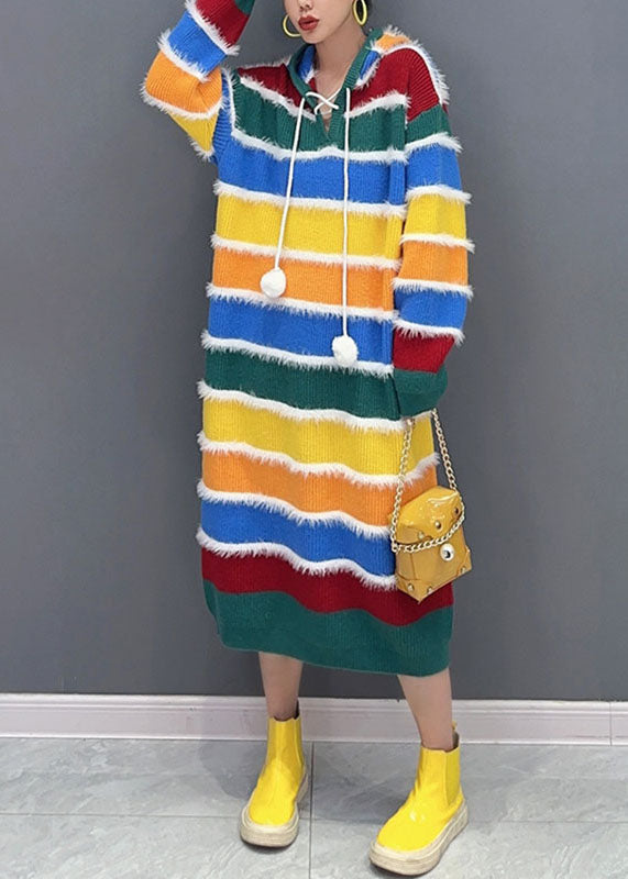 Stylish Rainbow Striped Patchwork Hooded Long Knit Sweater Dress Fall
