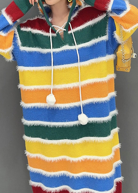 Stylish Rainbow Striped Patchwork Hooded Long Knit Sweater Dress Fall
