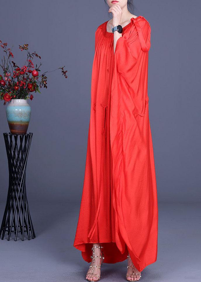 Stylish Red Batwing Sleeve Tie Waist Silk Summer Dress - SooLinen