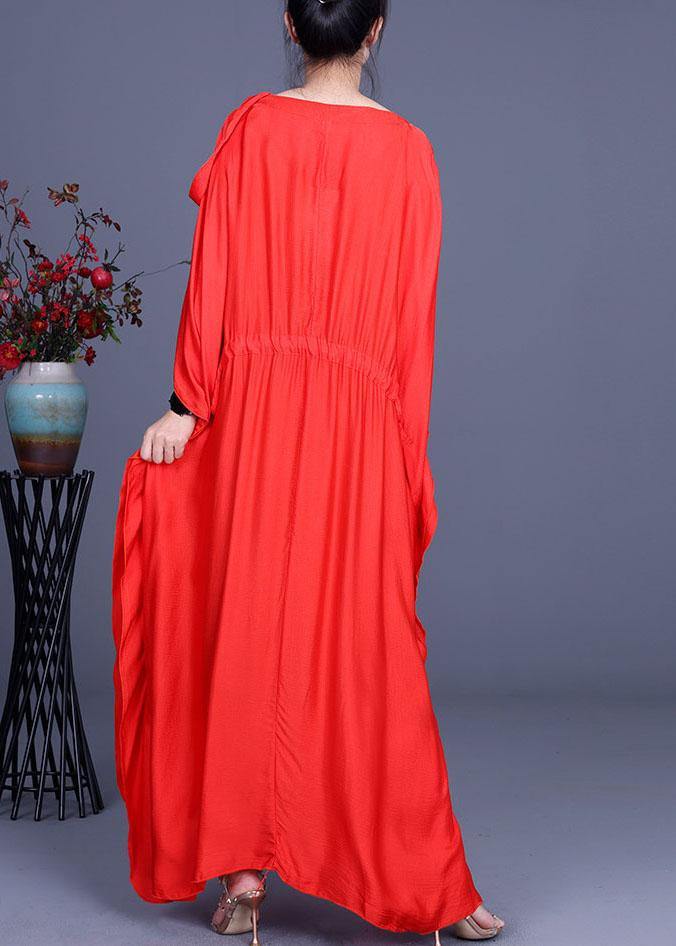 Stylish Red Batwing Sleeve Tie Waist Silk Summer Dress - SooLinen