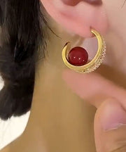 Stylish Red Copper Alloy Pearl Zircon Hoop Earrings