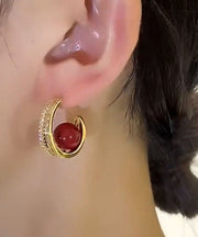 Stylish Red Copper Alloy Pearl Zircon Hoop Earrings