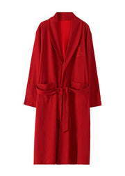Stylish Red Embroidered Floral Tie Waist Cotton Long Robe Spring