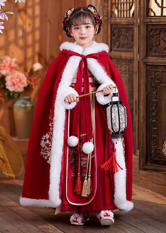 Stylish Red Embroidered Fuzzy Fur Fluffy Girls Hooded Cloak And Long Dress Two Pieces Set Long Sleeve