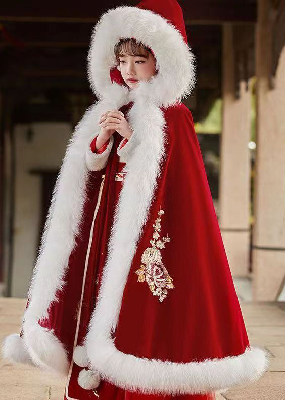Stylish Red Embroidered Fuzzy Fur Fluffy Girls Hooded Cloak And Long Dress Two Pieces Set Long Sleeve
