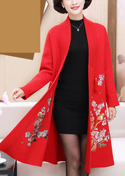 Stylish Red Embroidered Tassel Woolen Coats Long Sleeve