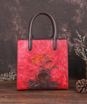 Stylish Red Floral Paitings Calf Leather Tote Handbag