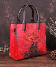 Stylish Red Floral Paitings Calf Leather Tote Handbag