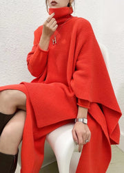 Stylish Red Hign Neck Asymmetrical Design Knit Two Pieces Set Dress Fall