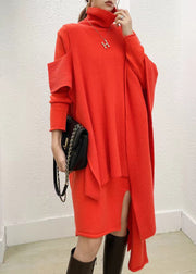 Stylish Red Hign Neck Asymmetrical Design Knit Two Pieces Set Dress Fall
