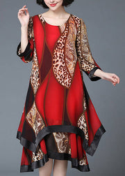 Stylish Red O-Neck Asymmetrical Print Patchwork Layered Maxi Dress Spring