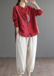 Stylish Red O-Neck Button Linen Blouses top Long Sleeve