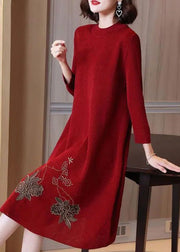 Stylish Red O-Neck Embroidered Knit Sweater Dress Spring