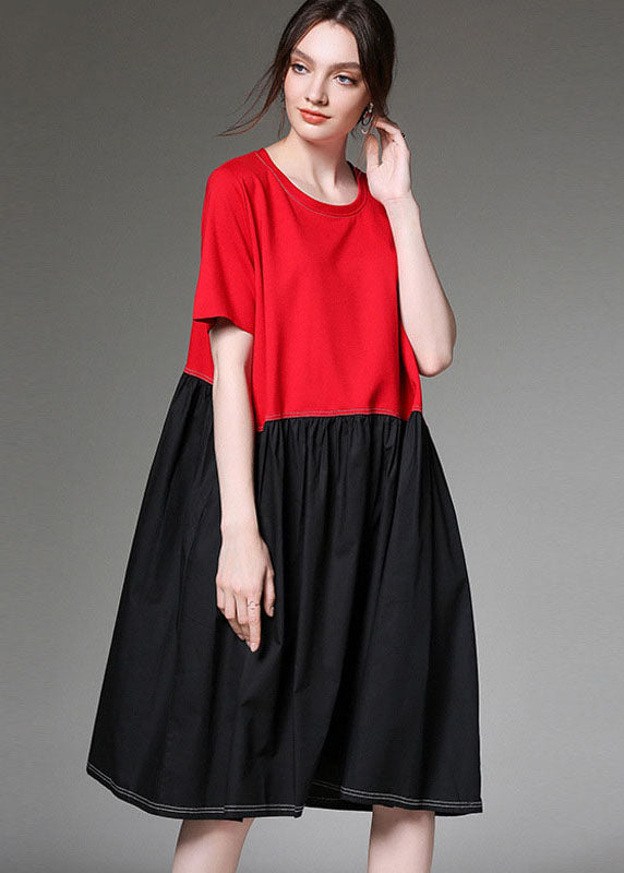 Stilvolle rote Patchwork-Baumwollkleider mit O-Ausschnitt und kurzen Ärmeln