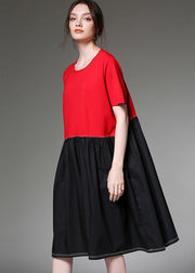 Stilvolle rote Patchwork-Baumwollkleider mit O-Ausschnitt und kurzen Ärmeln