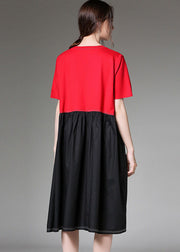 Stylish Red O-Neck Patchwork Cotton Dresses Short Sleeve