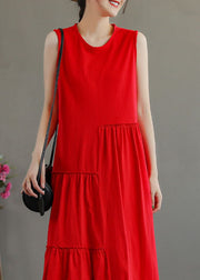 Stylish Red O-Neck Patchwork Cotton Party Dress Sleeveless