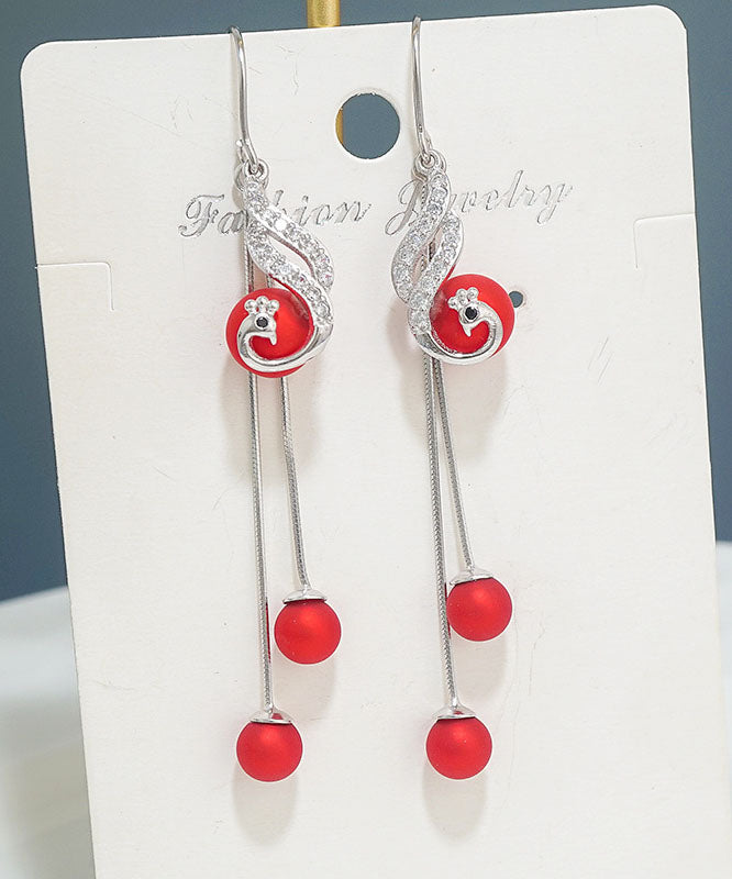 Stylish Red Pearl Phoenix S925 Silver Drop Earrings