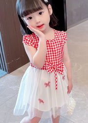 Stylish Red Plaid O Neck Bow Patchwork Tulle Baby Girls Dress Summer