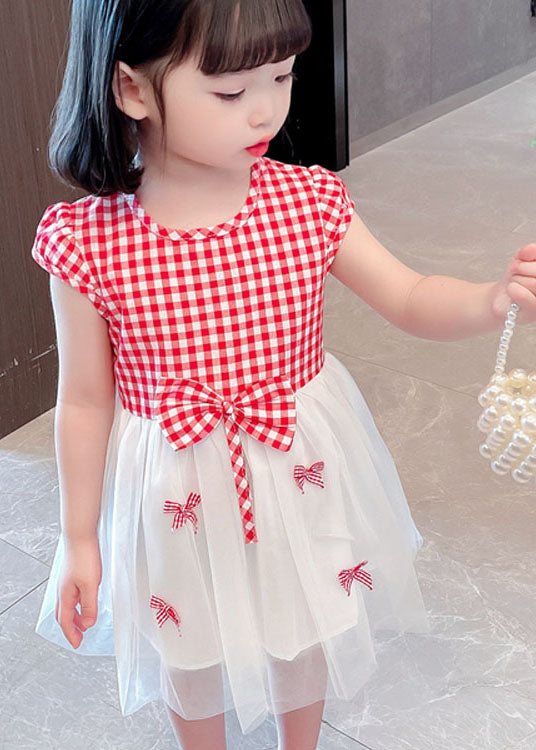 Stylish Red Plaid O Neck Bow Patchwork Tulle Baby Girls Dress Summer
