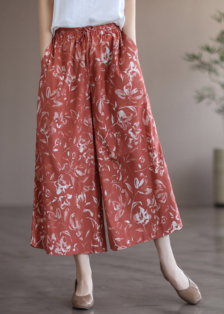 Stylish Red Print Elastic Waist Drawstring Wide Leg Pants Summer
