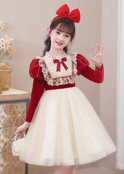 Stylish Red Ruffled Tulle Patchwork Warm Fleece Kids Girls Dress Winter