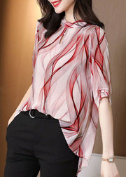 Stylish Red Stand Collar Print Patchwork Chiffon Blouse Top Summer