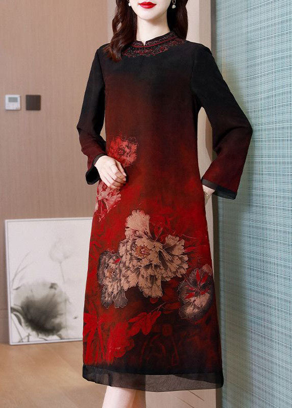 Stylish Red Stand Collar Print Silk Long Dress Spring