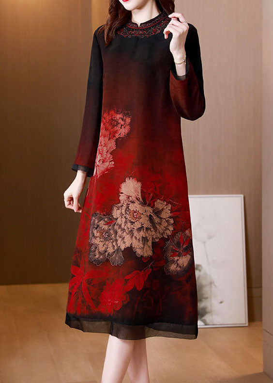 Stylish Red Stand Collar Print Silk Long Dress Spring
