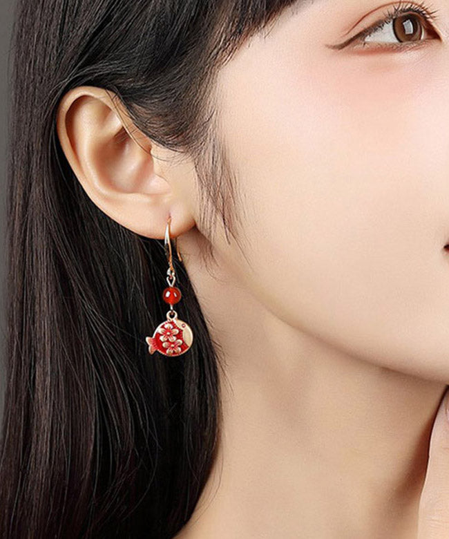 Stylish Red Sterling Silver Agate Jade Cloisonne Drop Fish Earrings