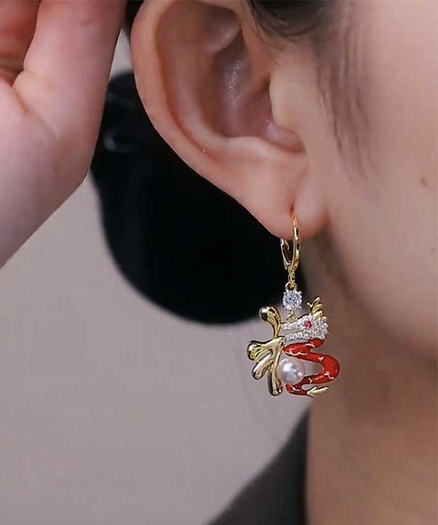 Stylish Red Sterling Silver Alloy Zircon Pearl Dragon Year Lucky Character Drop Earrings