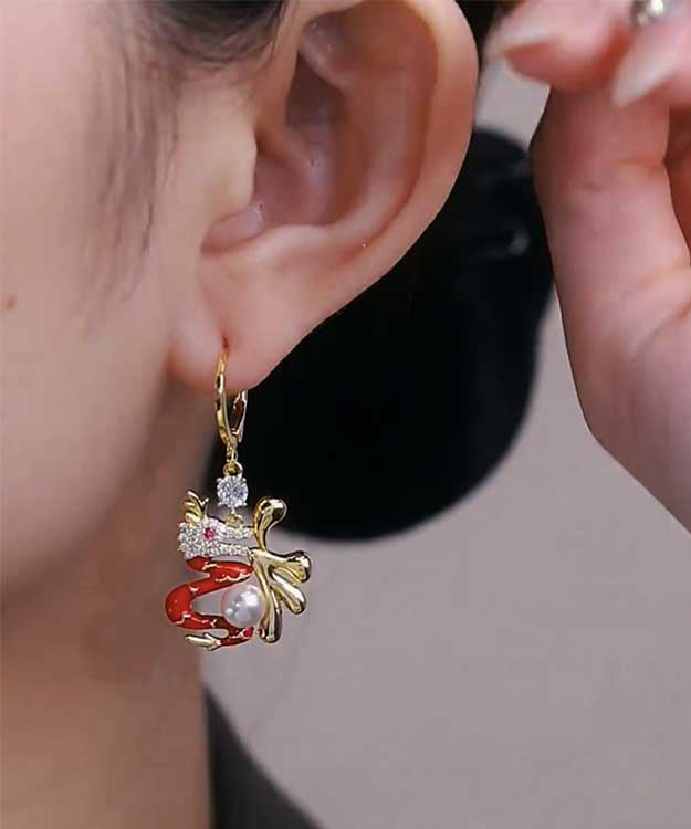 Stylish Red Sterling Silver Alloy Zircon Pearl Dragon Year Lucky Character Drop Earrings
