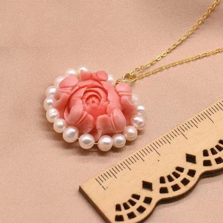 Stylish Red Sterling Silver Overgild Pearl Floral Pendant Necklace