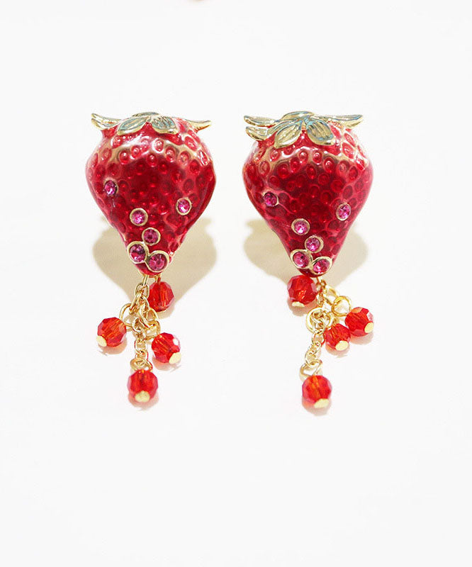 Stilvolle rote Erdbeer-Zirkon-Quasten-Kupfer-Ohrringe