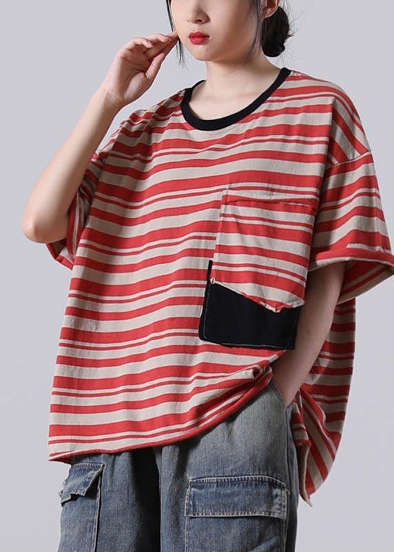 Stylish Red Striped O-Neck Cotton Summer Tops - SooLinen