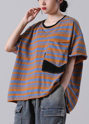 Stylish Red Striped O-Neck Cotton Summer Tops - SooLinen