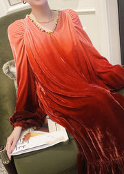 Stylish Red V Neck Gradient Color Wrinkled Velour Long Dress Lantern Sleeve