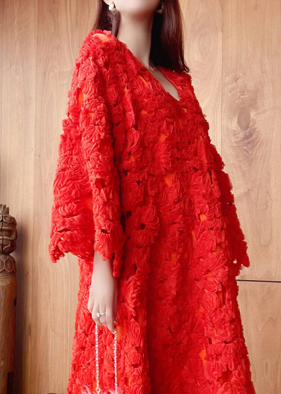 Stylish Red V Neck Hollow Out Floral Lace Long Dress Flare Sleeve