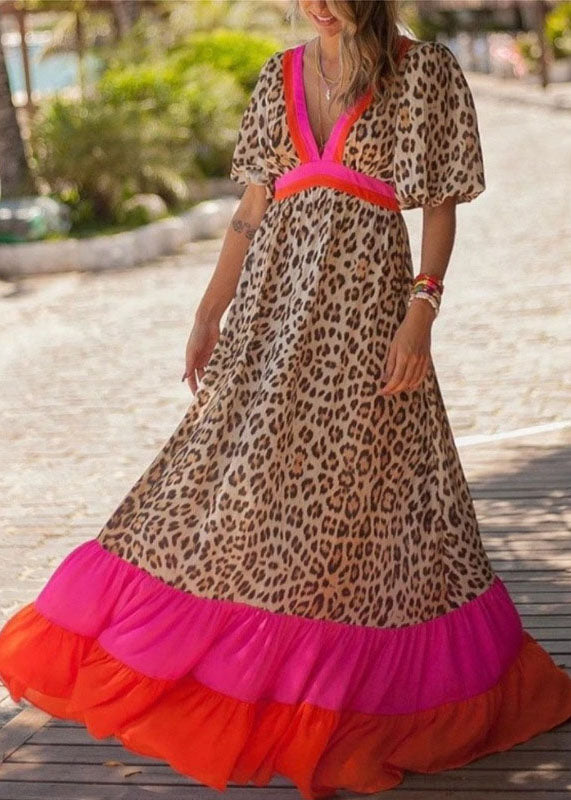 Stylish Red V Neck Leopard Print Patchwork Exra Large Hem Beach Dresses Short Sleeve