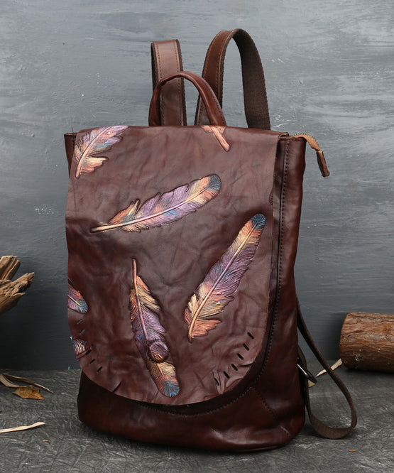 Stylish Reddish Brown Feather Embossing Calf Leather Backpack Bag